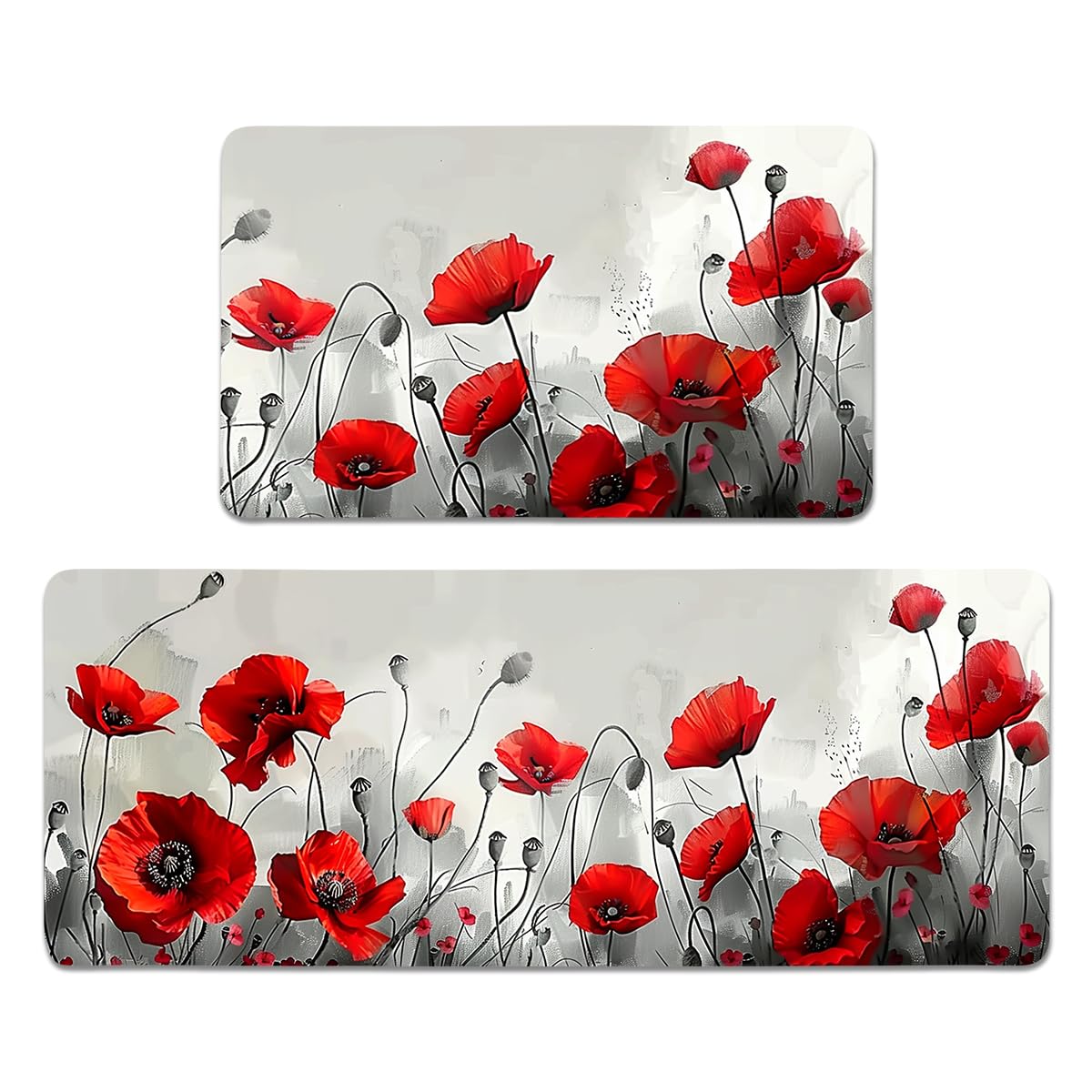 Photo 1 of YWZDS Red Poppy Flowers Kitchen Rugs Set of 2 - Retro Plants Washable Non-Slip Faux Linen Floor Mats(17.7''x29.5''+17.7''x47'') - Kitchen Mats for Home Office Bedroom Bathroom Laundry (Red 2)