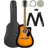 Fender FA-125CE Dreadnought Cutaway Acoustic-Electric Guitar - Sunburst Bundle with Gig Bag, Strap, Strings, Picks, and Austi