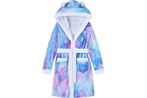 Funnycokid Girls Robes Kids Hooded Bathrobe Soft Fleece Pajamas Plush Flannel Sleepwear 4-14 Years