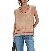 Yesfashion Womens Sleeveless Striped Ponch Sweaters V Neck Color Block Tie Side Going Out Ribbed Knit Pullover Sweater Vest Tops Apricot