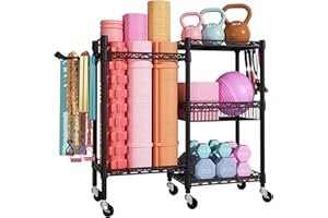 FUTASSI S2 Home Gym Storage, Rolling Yoga Mat Storage and Organizer, Sport Equipment Rack for Dumbbells, Kettlebells, Foam Rollers, Resistance Bands, 11.8" D x 36" W x 32.5" H, Black