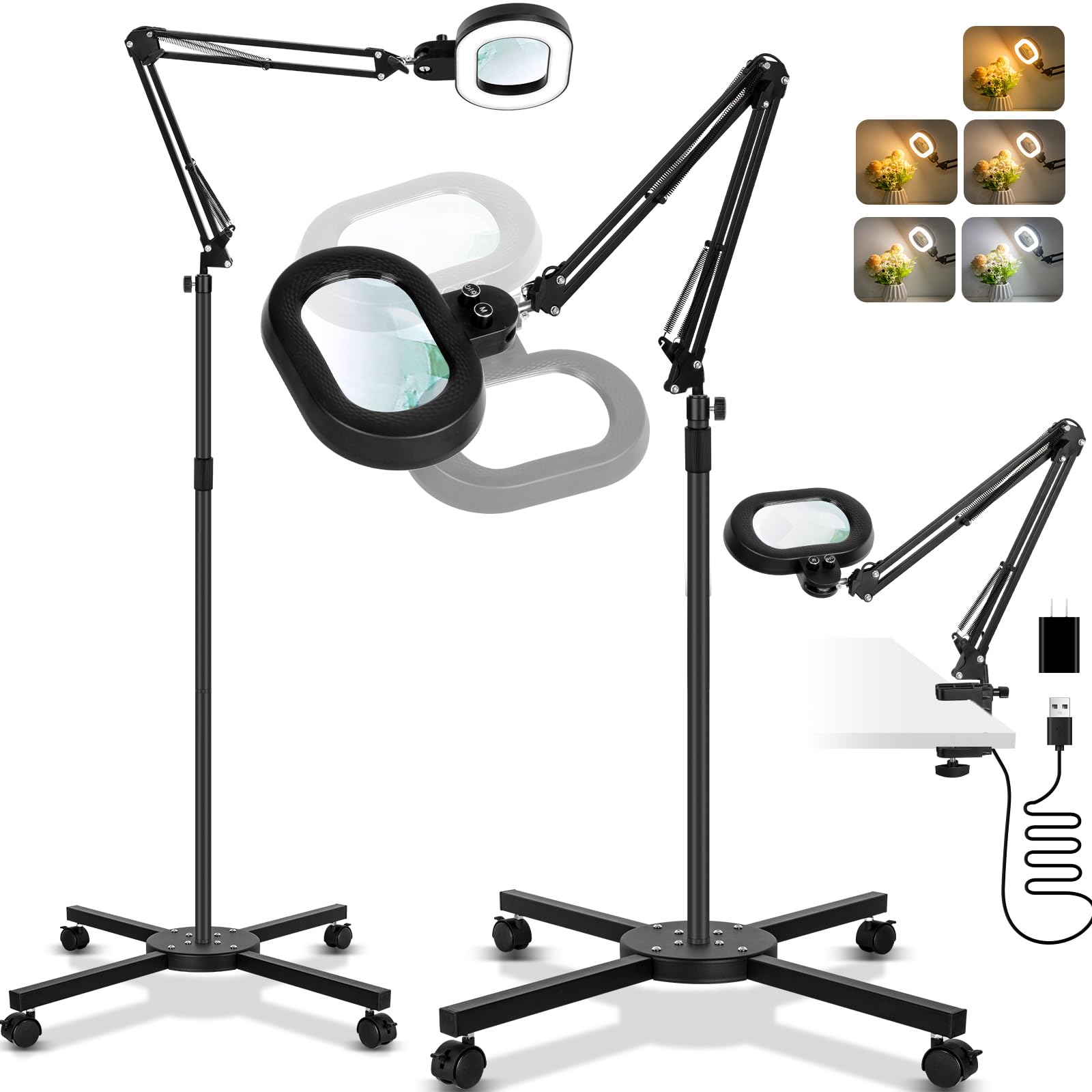 Photo 1 of KMDES 2 in 1 Floor Magnifying Glass with Light and Stand, Three-axis Rotation Infinite Color Dimmable 12X Large Lighted Magnifier Workbench lamp for Close Work, Craft, Esthetician 4 Wheel Stable Base