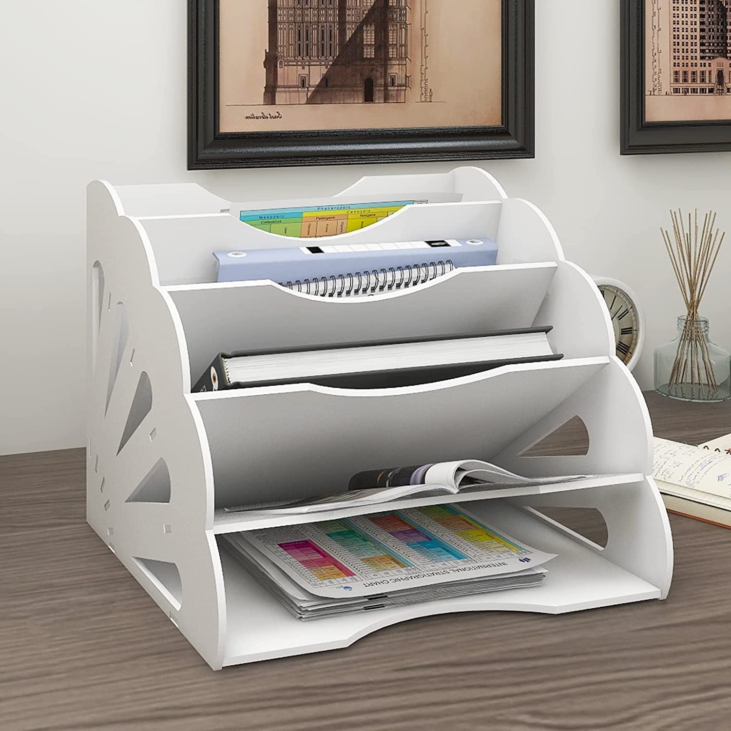 PUNCIA 5 Sectors Letter Tray Desk Organizer White Office Supplies Storage Mail File Folder Paper Sorter Desktop Document Notebook Stationery Storage Rack for Home Office School