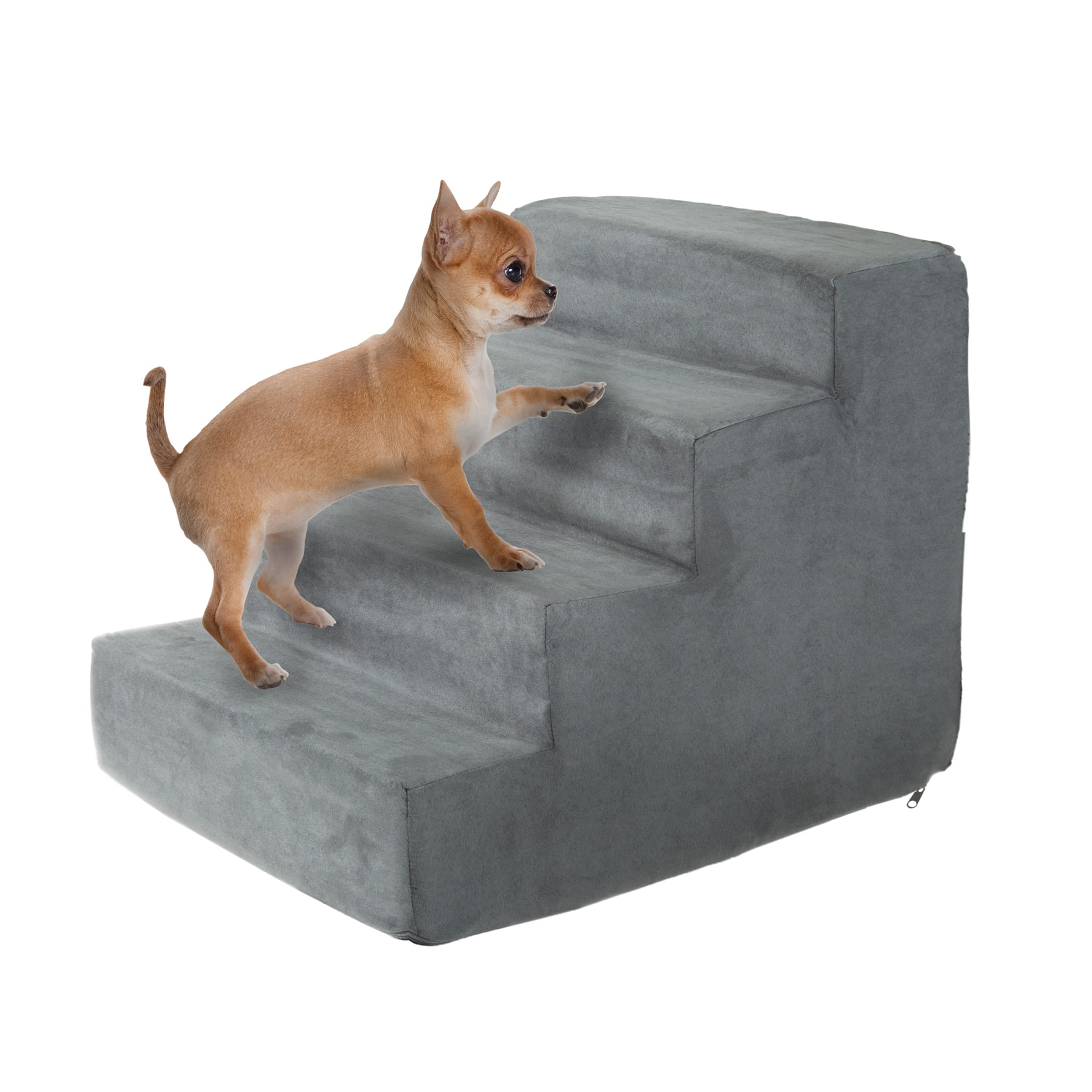 PETMAKER Dog Stairs for Small Dogs - 4-Step Dog Steps for High Bed and Couch - Pet Stairs with Nonslip Bottom, High-Density Foam, and Removable Washable Cover - Cat and Dog Furniture (Gray)