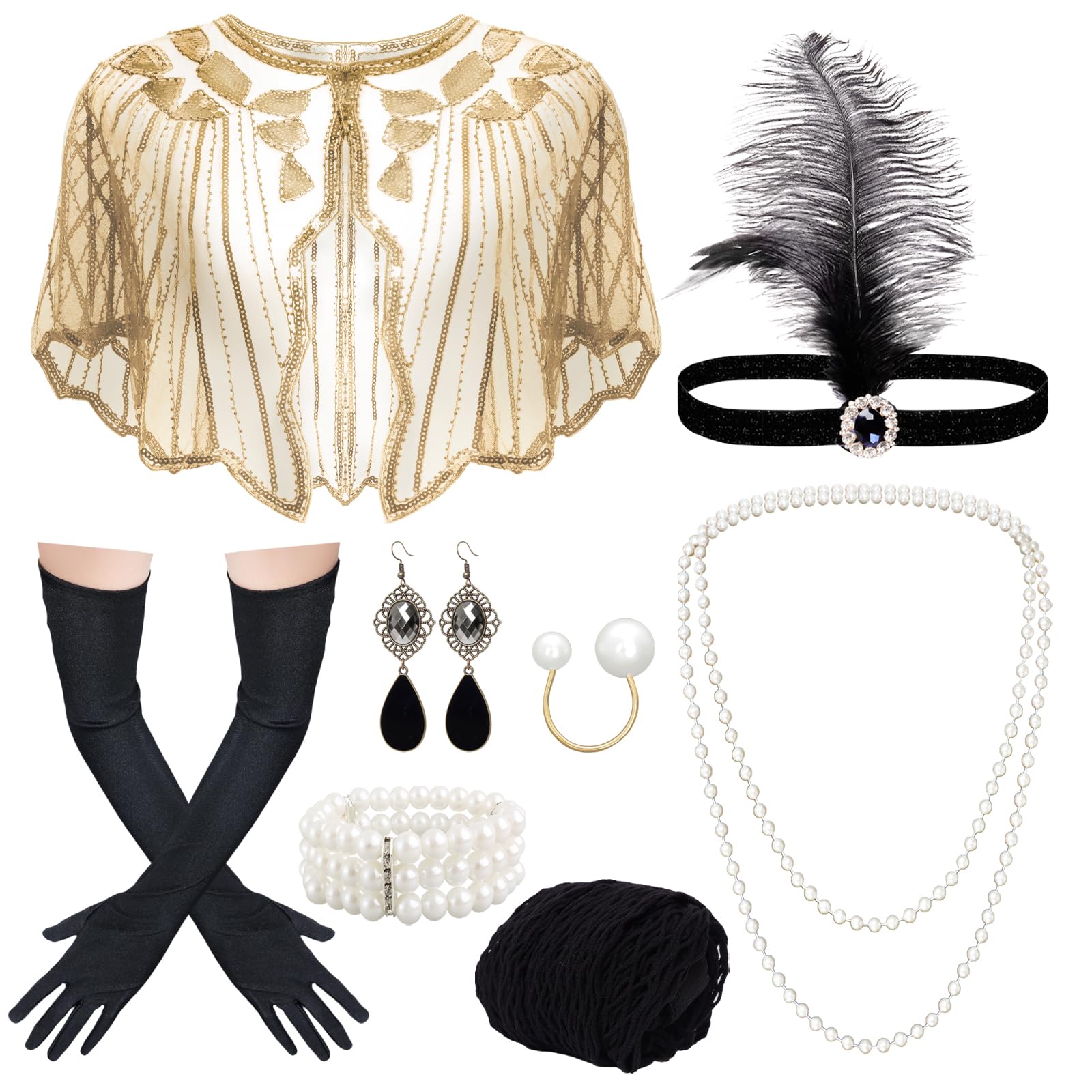 Photo 1 of 11 Pieces 1920s Great Flapper Costume Accessories Set for Women Sequins Shawl Feather Headpiece Pearl Necklace Earrings Long Gloves (Gold)