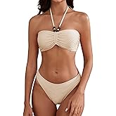 ZAFUL Women's Halter Bandeau Bikini Beaded Tie Back String Bikini Set Push Up Two Piece Swimsuit Bathing Suits