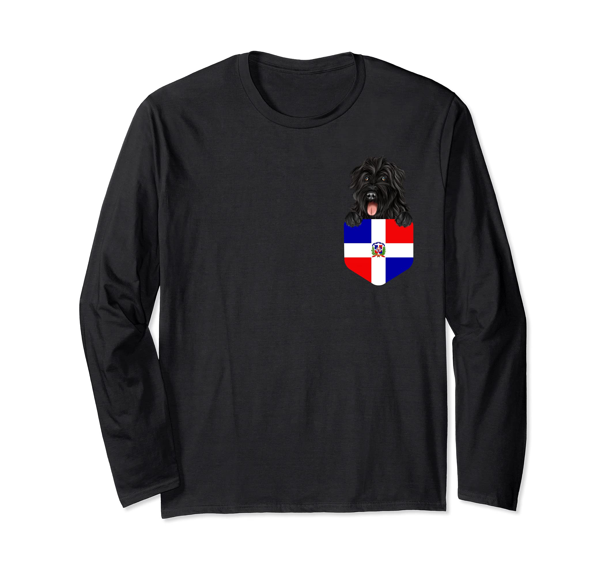 Dominican Republic Flag Bouvier des Flandres Dog In Pocket Long Sleeve T-Shirt
