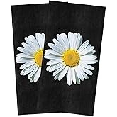 DreamyCorner Kitchen Towels Set of 2 White Daisy Flower Dish Towels and Dishcloths Floral Black Absorbent Hand Towels for Kitchen Bathroom Cleaning Drying Baking Home Decor Gift