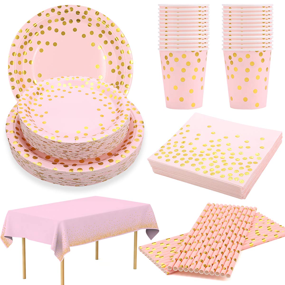 24 Guests Disposable Pink and Gold Party Set - Plates, Napkins, Cups, Straws, Tablecloth for 1st 13th Birthday, Baby Shower, Girl Engagement, Wedding, Bridal Shower