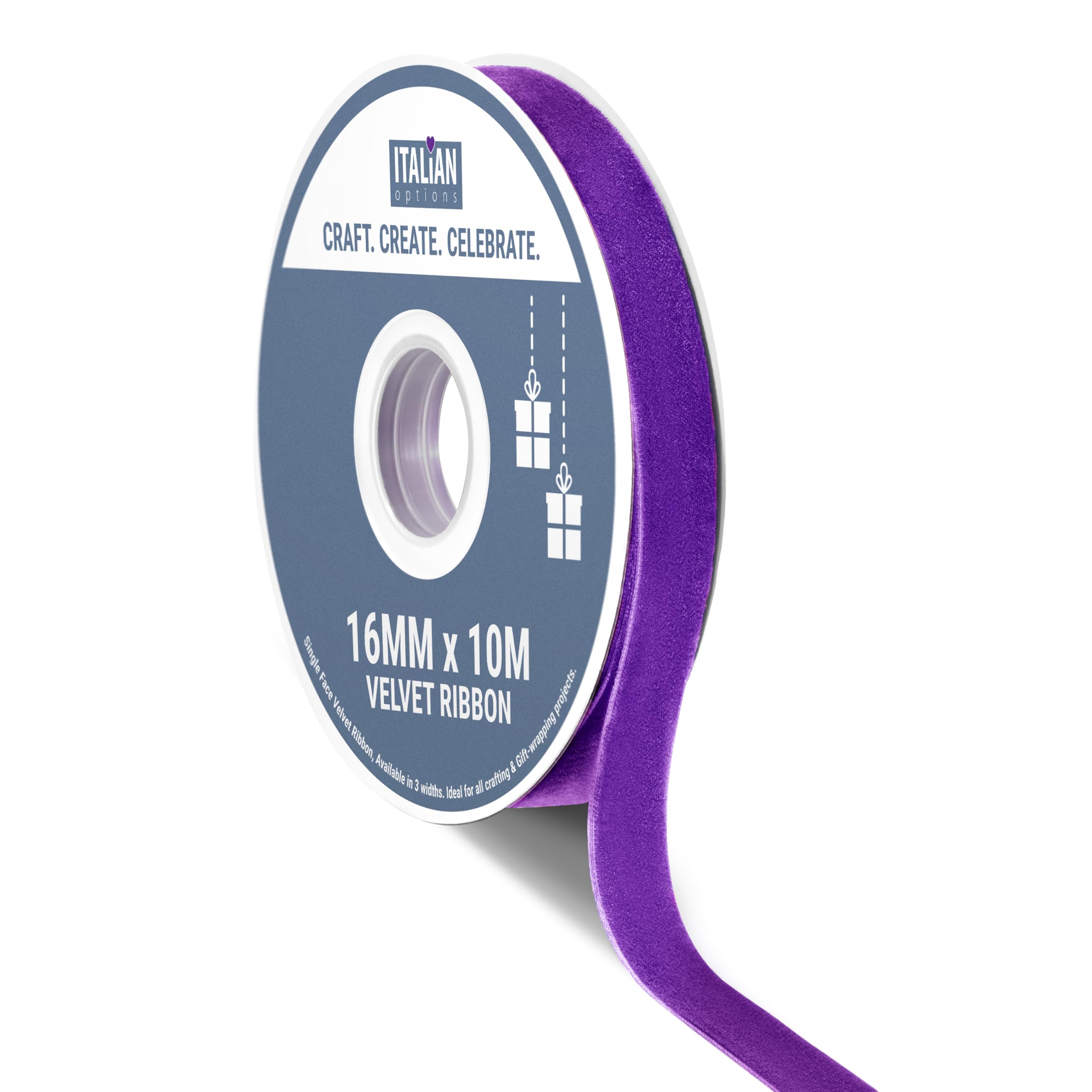 Italian Options Velvet Ribbon, Luxury, Single-Face Velvet Ribbon for Crafting, Christmas, Bows, Hair, Cakes, Weddings, Ornaments, Gift Wrapping, Flowers, 16mm x 10 Metre Roll, Purple