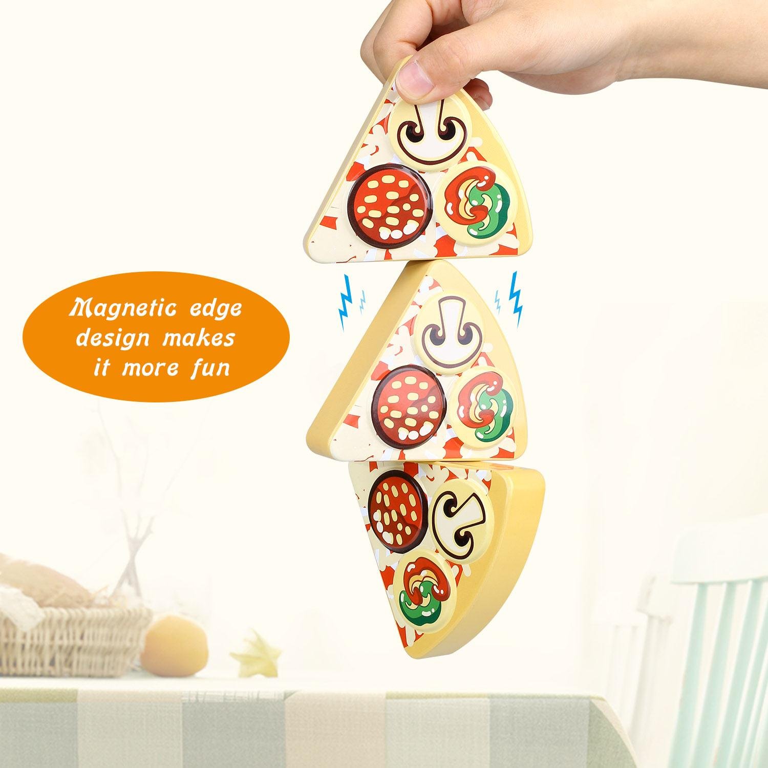 Play Pizza Party Toy Set for Kids Cutting Magnetic Tinplate Food Pretend Play Game with Child Size Slice Cutter and Kerchief by Peradix
