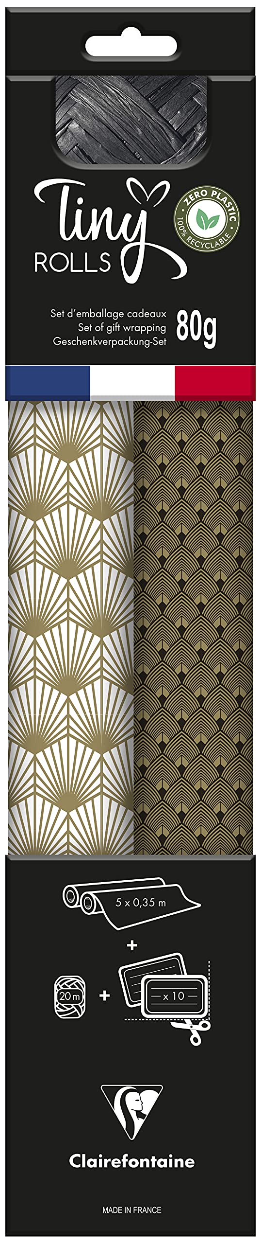 Clairefontaine 223891C - Zero Plastic Gift Wrapping Kit - 2 Rolls of Gift Paper 5mx35cm - Roll of Ribbon 20m + 10 Die-Cut Gift Tags - Black/Gold - Responsible