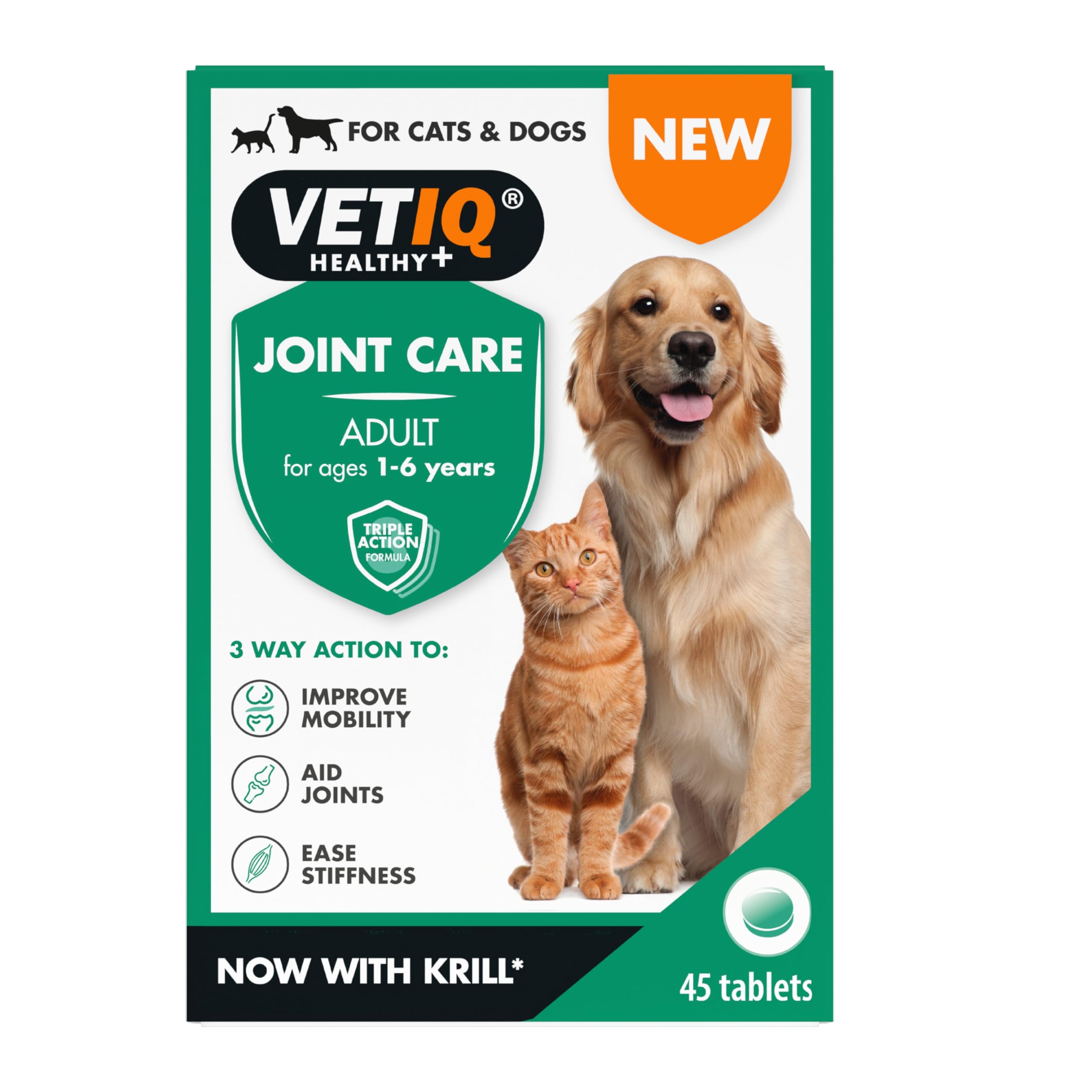 VETIQ Joint Care Adult Supplements for Dogs & Cats aged 1-6 Years, Helps to Improve Mobility, Aid Joints & Ease Stiffness, 45 Tablets (Pack of 1)