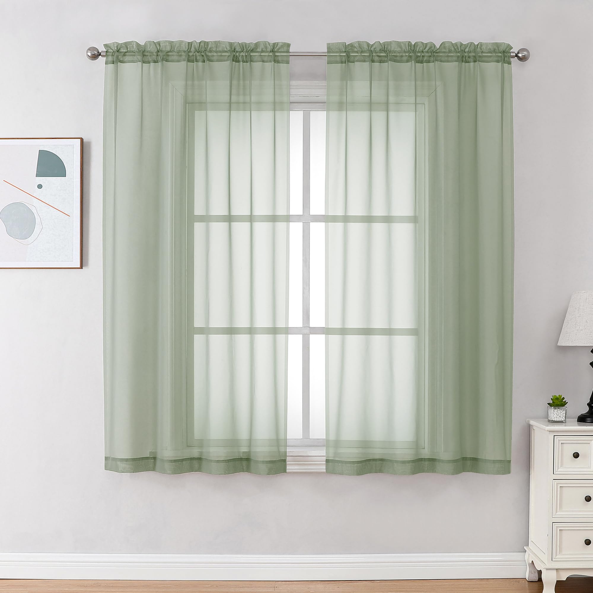 Photo 1 of OVZME Light Green Sheer Curtains 63 inch Length 2 Panels Set for Bedroom Living Room, Elegant Light Filtering Sheer Drapes Window Treatments, Each is 42W x 63L Inches, Sage Green