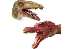 Gemini&Genius Compsognathus Dinosaur Hand Puppet Toys, Soft Rubber Realistic Funny & Scared Dino Head Hand Puppets Home, Stage and Class Role Play Toy for Kids