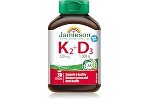 Jamieson Vitamin K 120 mcg and Vitamin D3 1,000 IU Softgels, Supports Immune Health, Strong Bones and Teeth. Non-GMO, Gluten-