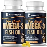 Triple Strength Omega 3 Fish Oil 3750 mg - EPA & DHA - Over 3000mg Omega-3 Fatty Acids - 1350mg EPA + 900mg DHA - Best Essential Fatty Acids, Burpless Fish Oil - 180 Count