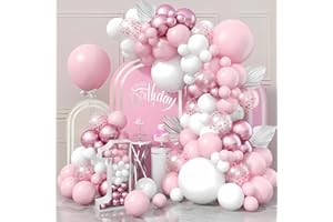Pink White Balloons Garland Arch Kit, 143PCS Metallic Pink and White Confetti Balloon Arch Kit 5 10 12 18 Inch Latex Balloons