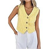 Floerns Women's Jacquard Sleeveless Tank Top Button Down V Neck Summer Blouses Tops