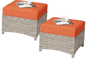 HOOOWOOO 2 Piece Patio Ottoman Set,Outdoor Wicker Ottomans,All Weather Resistant Rattan Deck Ottoman Matching Furniture(Orange Red)