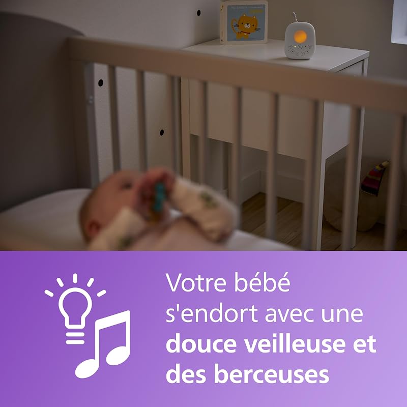 Philips Avent DECT - Écoute-bébé Audio avec veilleuse et berceuses, Conversation bidirectionnelle, portée de 330m, autonomie de 18h, Connexion sécurisée, capteur de température, Son Clair, SCD713/26