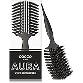 COCCO Aura Vent Boar Brush | Vented Dual-Curved Design for Faster Drying, Effortless Detangling & Shine, Boar + Nylon Bristles, Ergonomic Comfort Handle for Wet & Dry Hair Styling - Black