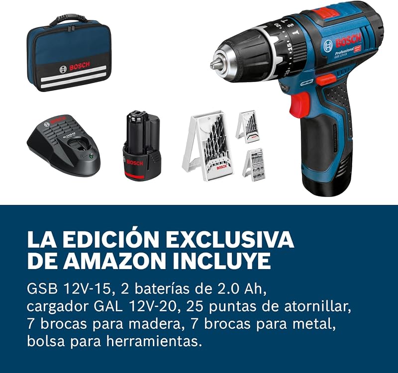 Bosch professional 12v system gsb 12v-15 - furadeira de impacto sem fio (30 nm, 1300 rpm, 2 baterias de 2,0 ah, conjunto de 39 acessórios, em estojo de lona) - amazon exclusive