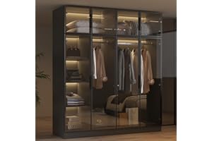 Hitow Wardrobe Cabinet with LED Light Strips, Modern Armoire Closet with Glass Doors, 59.1" W Large Bedroom Armoire Clothes Organizer with Shelve & Hanging Rods, Modern Glass Display Cabinet, Black