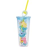Silver Buffalo Care Bears Featuring Funshine, Grumpy, and Love-a-Lot Bear Glitter Plastic Cold Cup with Lid and Straw Topper, 24 Ounces