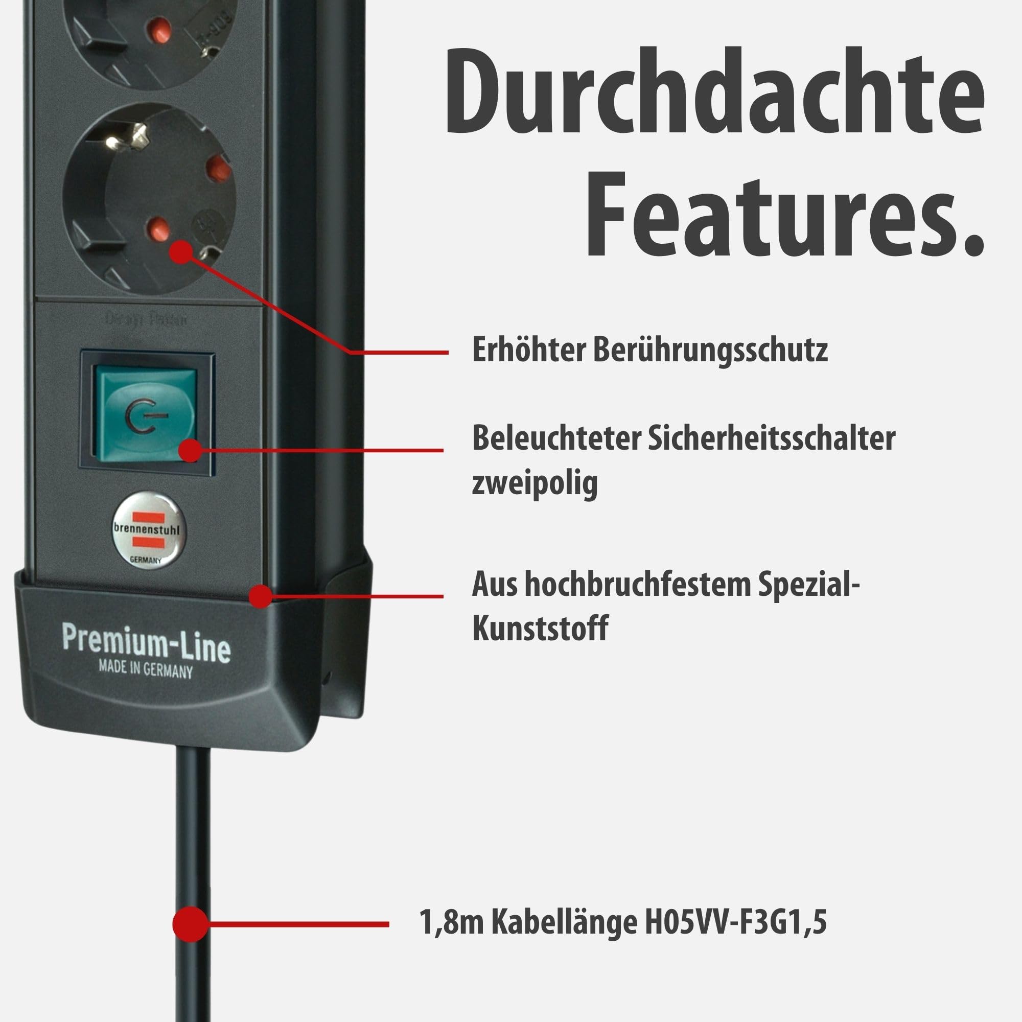 Brennenstuhl Premium-Line Steckdosenleiste 4-Fach (Mehrfachsteckdose mit Schalter und 1,8m Kabel -45° Winkel der Schutzkontakt-Steckdosen, Made in Germany) schwarz 4