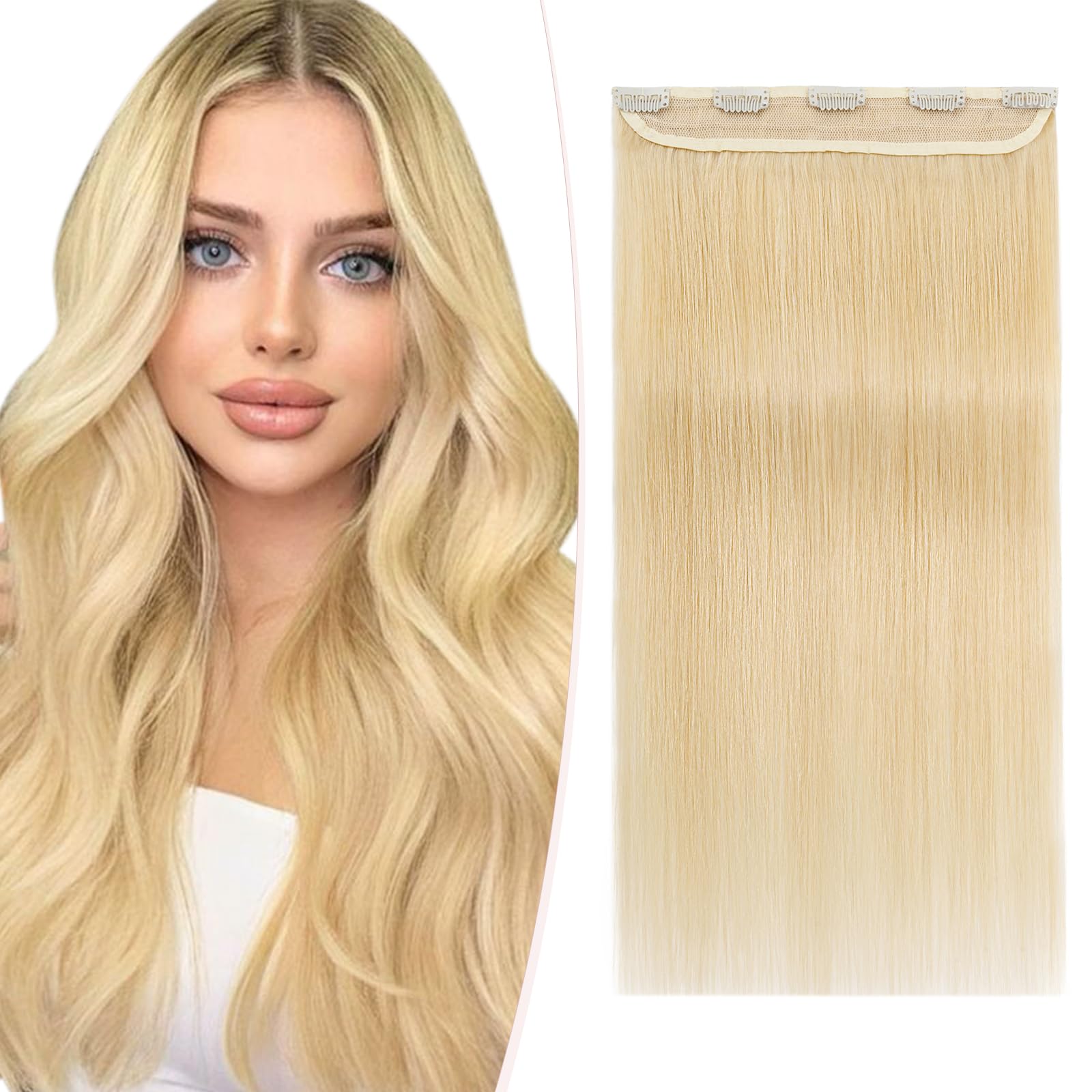 SEGOHAIR Clip in Hair Extensions Real Human Hair, 22" Hair Extensions Clip in One Piece 5 Clips Remy Seamless (55g) Bleach Blonde — image 1