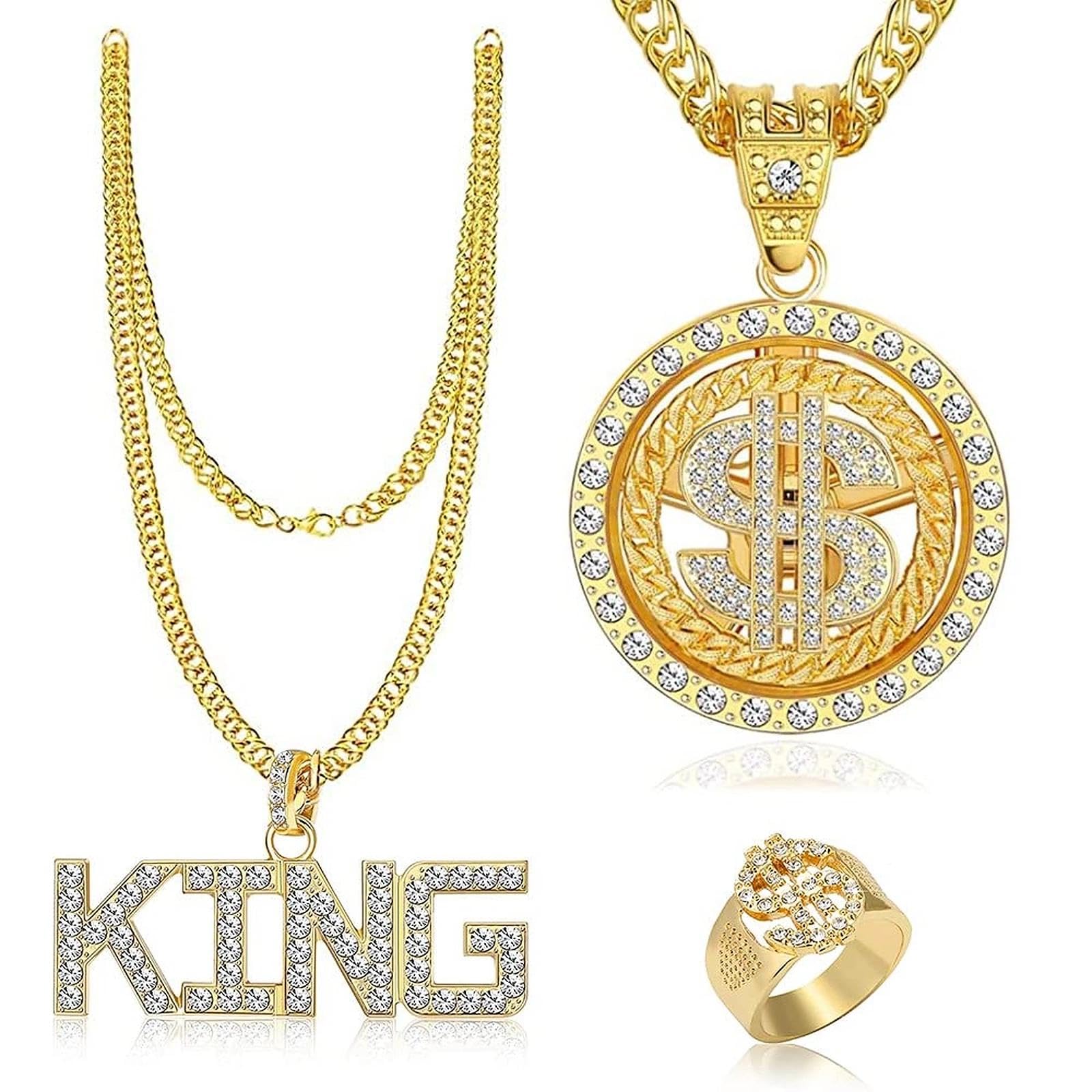 LongZYU 3Pieces Hip & Hop Costume Kit: 80s/90s Accessories for Kids & Adults, Fake Gold Chain with King & Dollar Sign Necklaces, Hip Hop Ring for Men