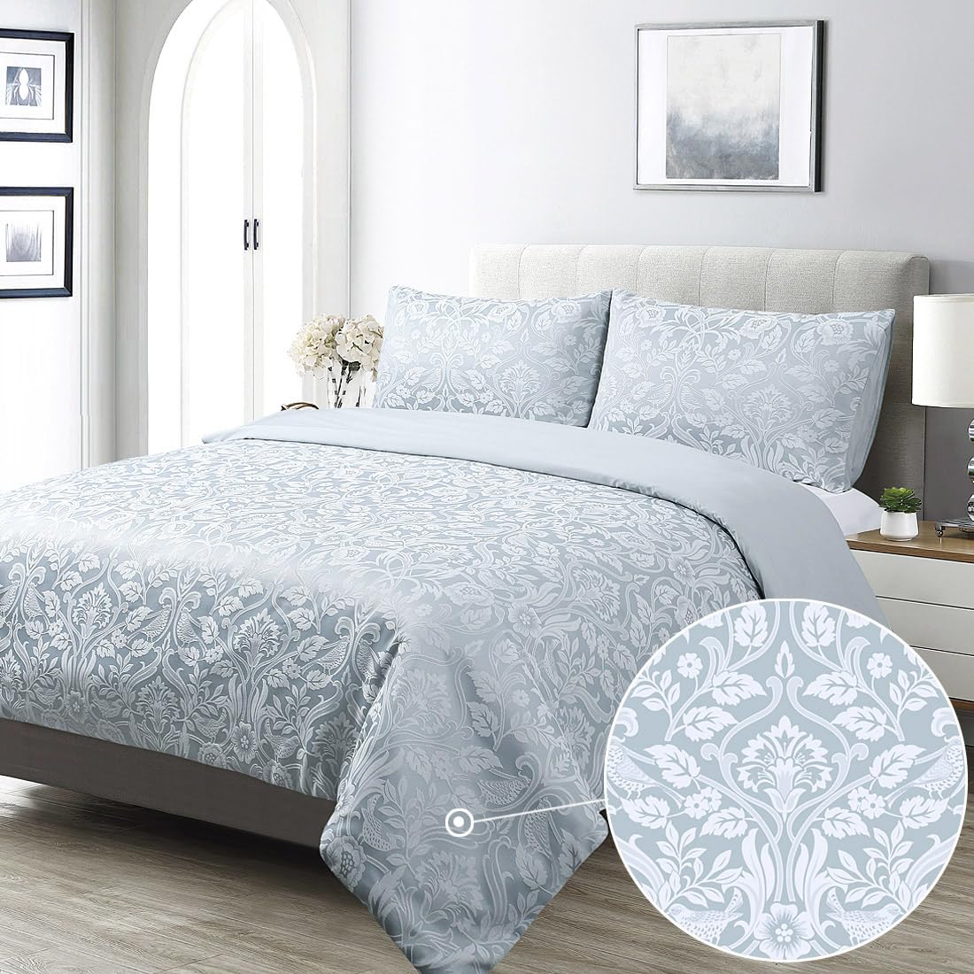 Duck Egg Damask Duvet Cover Set King Textured Luxury Jacquard Flower Birds Floral Blossom Blue Cottage Country Bedding Set 3 Pieces 230x220 Elegant Vintage Classic