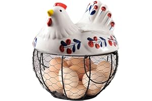 Ceramic Egg Holder, Ceramic Egg Holder, Hollow-Out Wire Chicken with Chicken Shaped Lid, Non Slip Basket Countertop with Hand