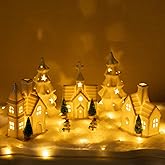 Gleemoria Christmas Decorations Indoor - 11 Pcs Ceramic Christmas Village Set - 3 Lighted Village Houses with 2 Lighted Ceramic Trees and More, LED Tabletop House Figurines Farmhouse Decoration