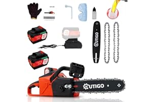 OUTIGO Cordless Electric Chainsaw, 1000W Brushless Chainsaw 12-Inch with 2×21V Batteries, 2 Replacement Chains & 1 Guide Bars & Charger, Bettery Electric Chainsaw Suit for Wood Cutting Trimming Branch