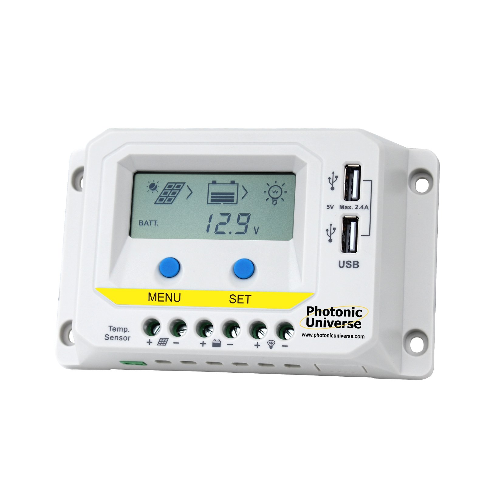 10A 12V/24V solar charge controller with LCD display and dual USB output - for solar panels up to 160W (12V) / 320W (24V) - ideal for a motorhome, caravan, camper, boat, yacht or off-grid solar system
