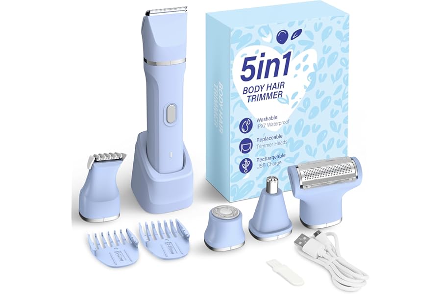 KINGTEE 5-in-1 Electric Bikini Trimmer for Women – IPX7 Waterproof Shaver, Cordless Body & Facial Razors for Women, Ceramic Blades, USB-C Rechargeable, Painless Hair Removal Kit (Blue)
