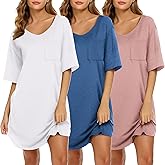 Ekouaer Nightgowns for Women 3 Pack Sleepshirt Short Sleeve Nightshirt V Neck Sleepdress Oversized Sleepwear