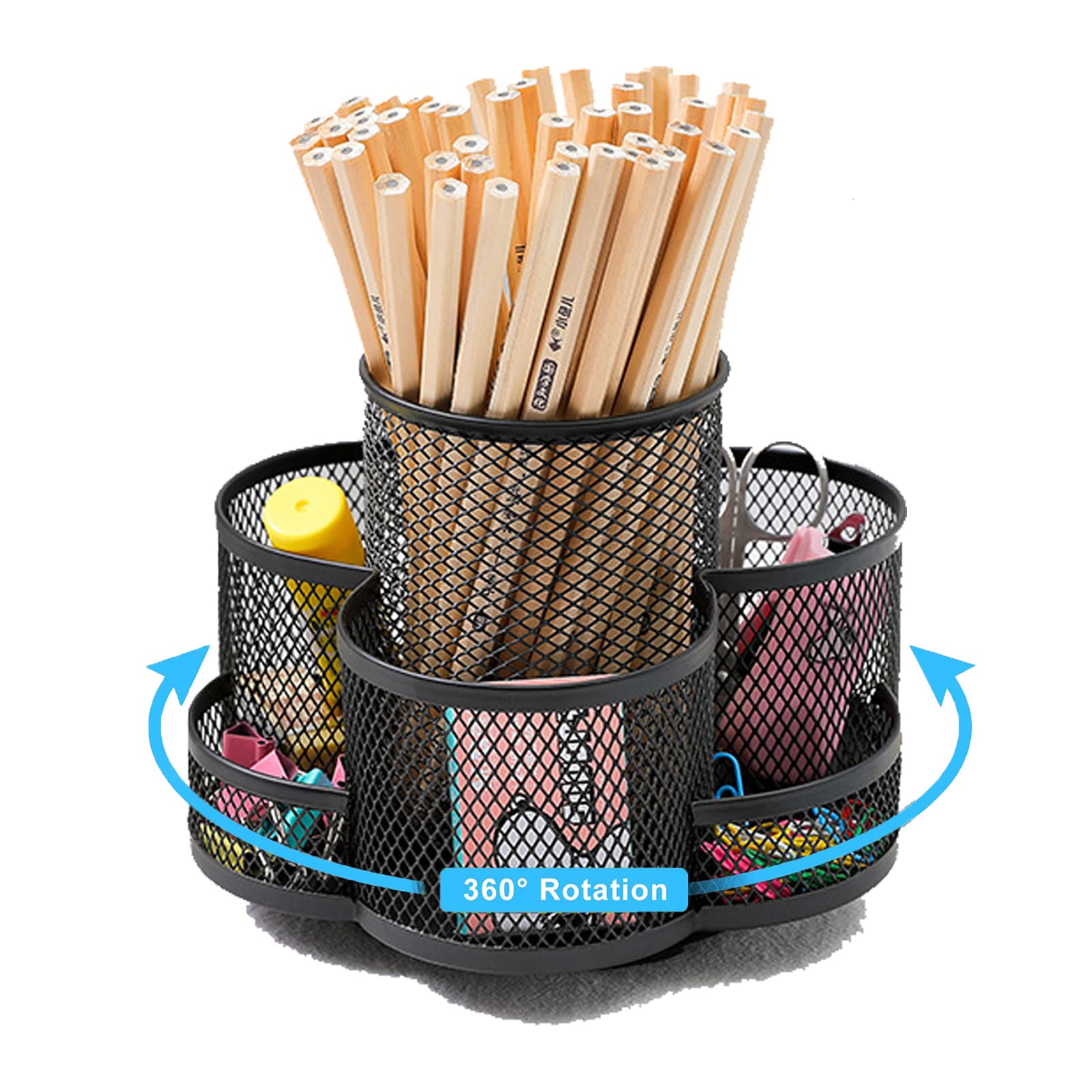 Aileese 360°Rotation Mesh Desk Office Organizer,Multifunction Round Pen Holder with Drawer Stationery Storage Desktop Black