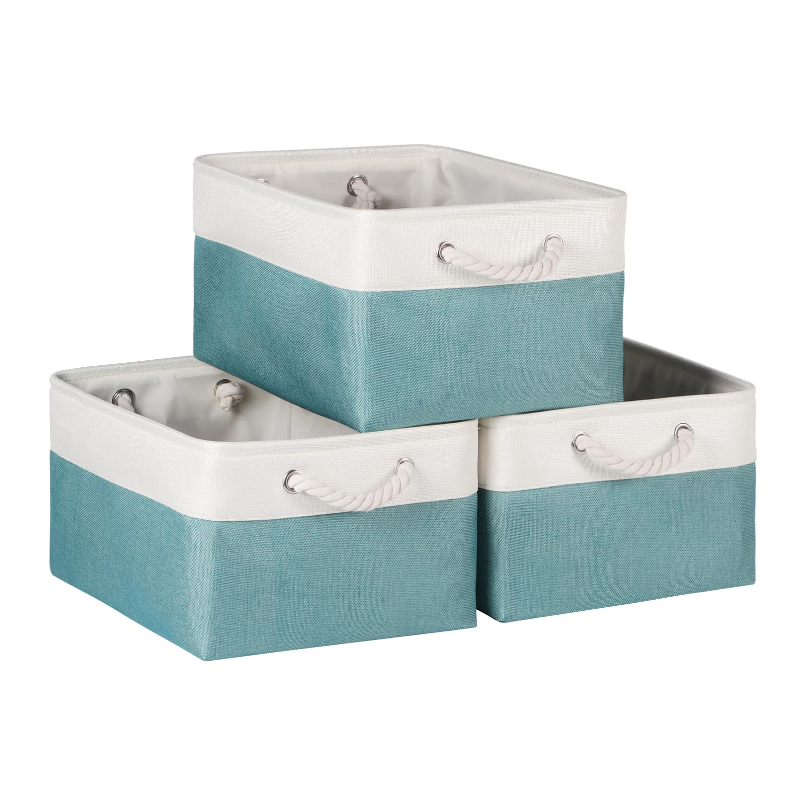 Syeeiex Storage Basket for Shelves [3-Pack], Storage Boxes with Handles, Large Fabric Storage Bins for Organizing Home and Office, White/Teal
