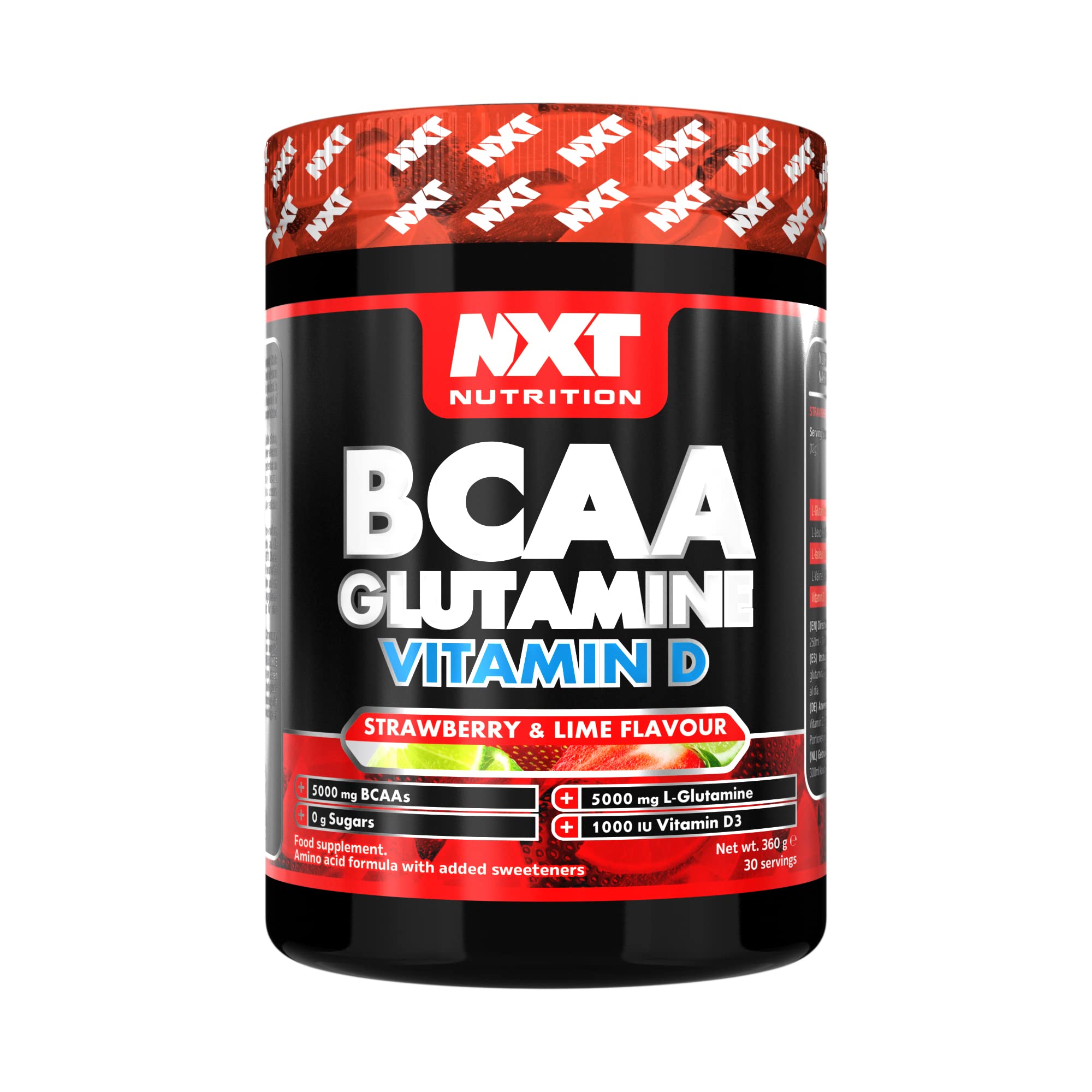 NXT Nutrition BCAA, Glutamine & Vitamin D | BCAAs Amino Acids with Vitamin D3 and L-Glutamine - for Recovery, Gut Health and Muscle Protein Synthesis | 360g - 30 Servings (Strawberry Lime)