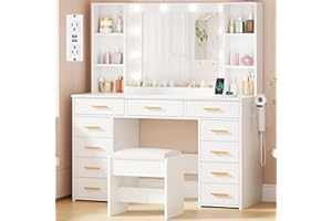 ANWBROAD Makeup Vanity Desk with Mirror and Lights White Vanity Desk with Power Outlet 11 Drawers 9 Shelves 3 Color Lighting Modes Vanity for Bedroom Women UBDT86W