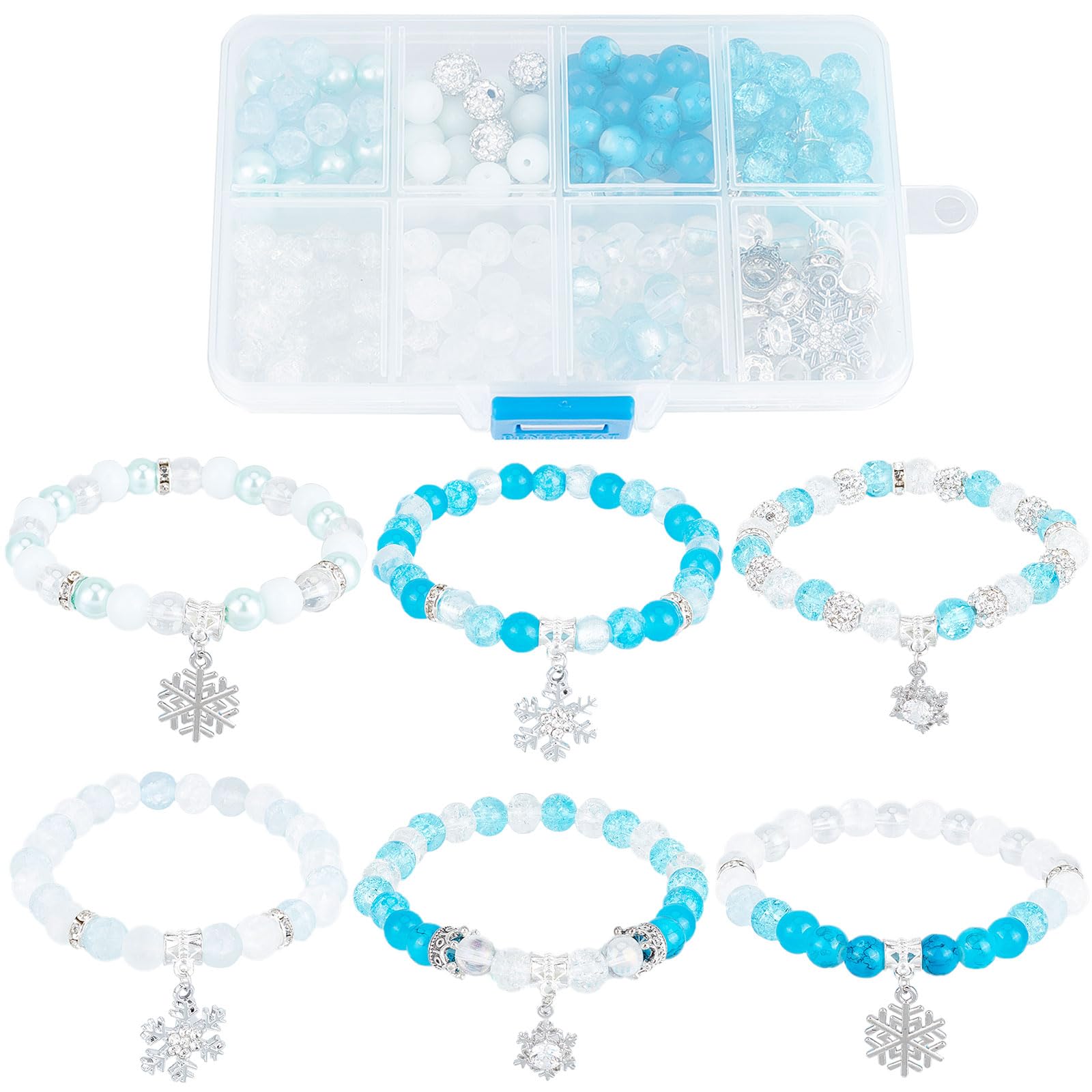 SUNNYCLUE 1 Box 6 Set Snowflake Bracelet Making Kit Winter Charms Snow Snowflake Charms Winter Bracelet Sets Glass Beads for Jewellery Making Kits Beginners Starter Women DIY Christmas Craft Gift
