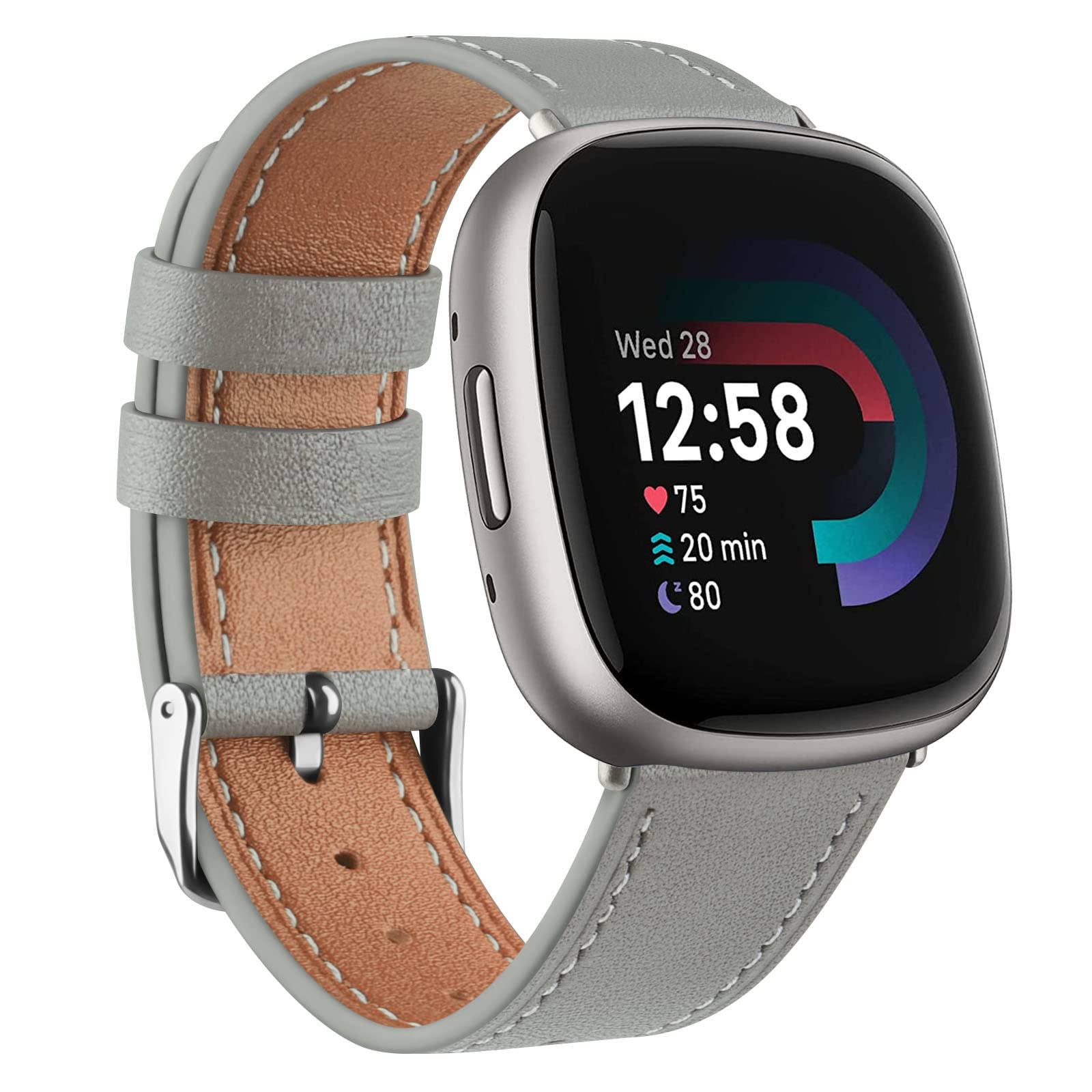 Leather Straps for Fitbit Versa 4, Versa 3, Sense 2, and Sense - Genuine Leather Replacement Band for Women and Men (Gray) — image 1