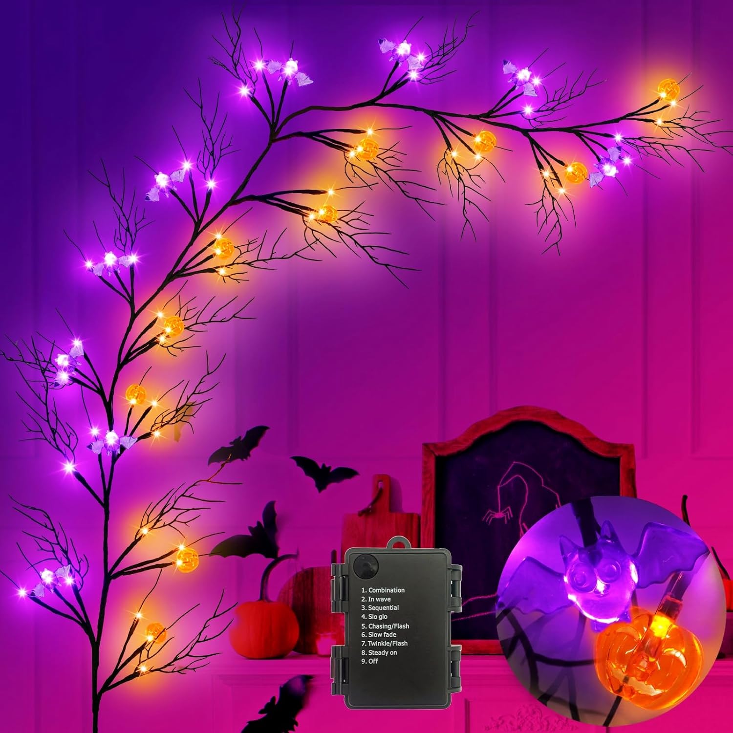 Wreaths, Garlands & Swags - [Timer & 8 Modes] Agusbagli 6Ft 57 LED Halloween Willow Vine Twig Decor Garland with 9 Pumpkins & 7 Bats Lights Waterproof Battery Operated Halloween Lights for Home Indoor Wall Fireplace Mantle Decor