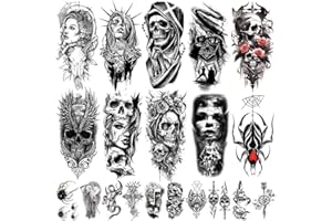22 Sheets Temporary Tattoos for Women Men, Gothic Black White Tattoo Stickers, Skull Clock Rose Snake Dragon Designs, Waterpr