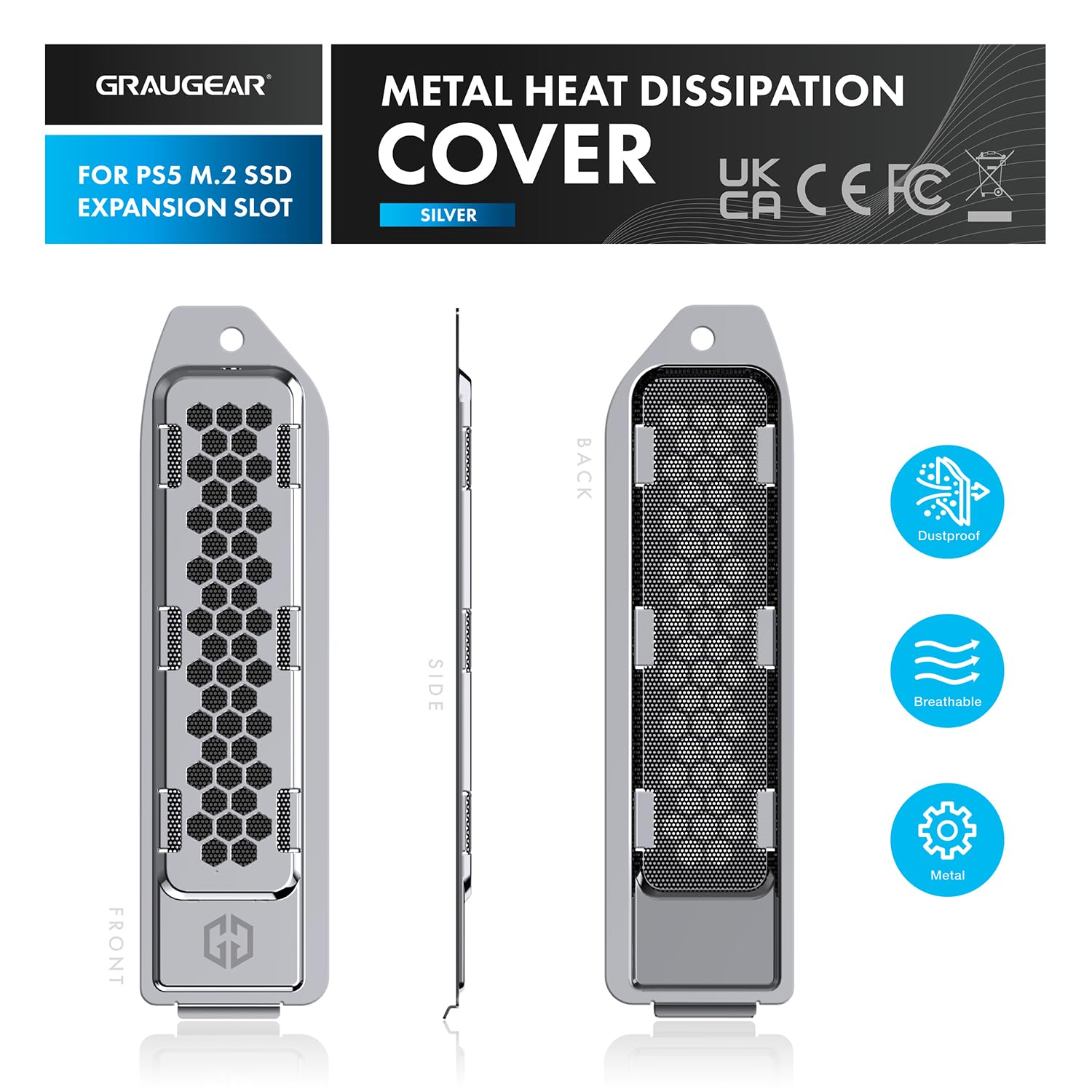 GRAUGEAR Metal Heat Dissipation Cover for PS5 M.2 SSD Expansion Slot | Fit for PlayStation 5 NVMe SSD w/Heatsink | New Breathable Cellular Hole | Cooling and Dust Proof (Silver)