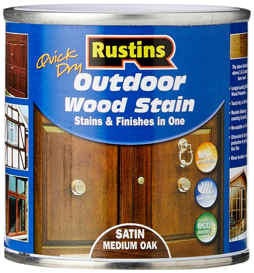 Rustins Quick Dry Outdoor Wood Stain Satin Medium Oak 250ml- Durable and Weather-Resistant Finish, Fast Drying, Vibrant Color for Decks, Fences, & Furniture, Available in Many Wood Shades