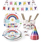 GarveeHome Birthday Party Supplies, Happy Birthday Paper Plates, Cups, Straw, Birthday Hat and Banner for Colorful Birthday Party Decorations, 151 Pcs Birthday Tableware Set Serve 25
